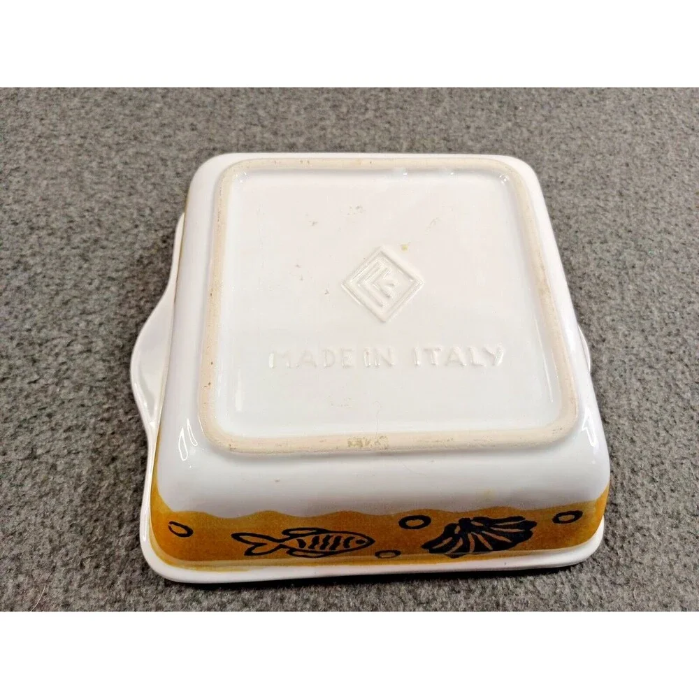 Painted Ceramic Casserole Square Dish Made in Italy Fish Nautical Beach NEW